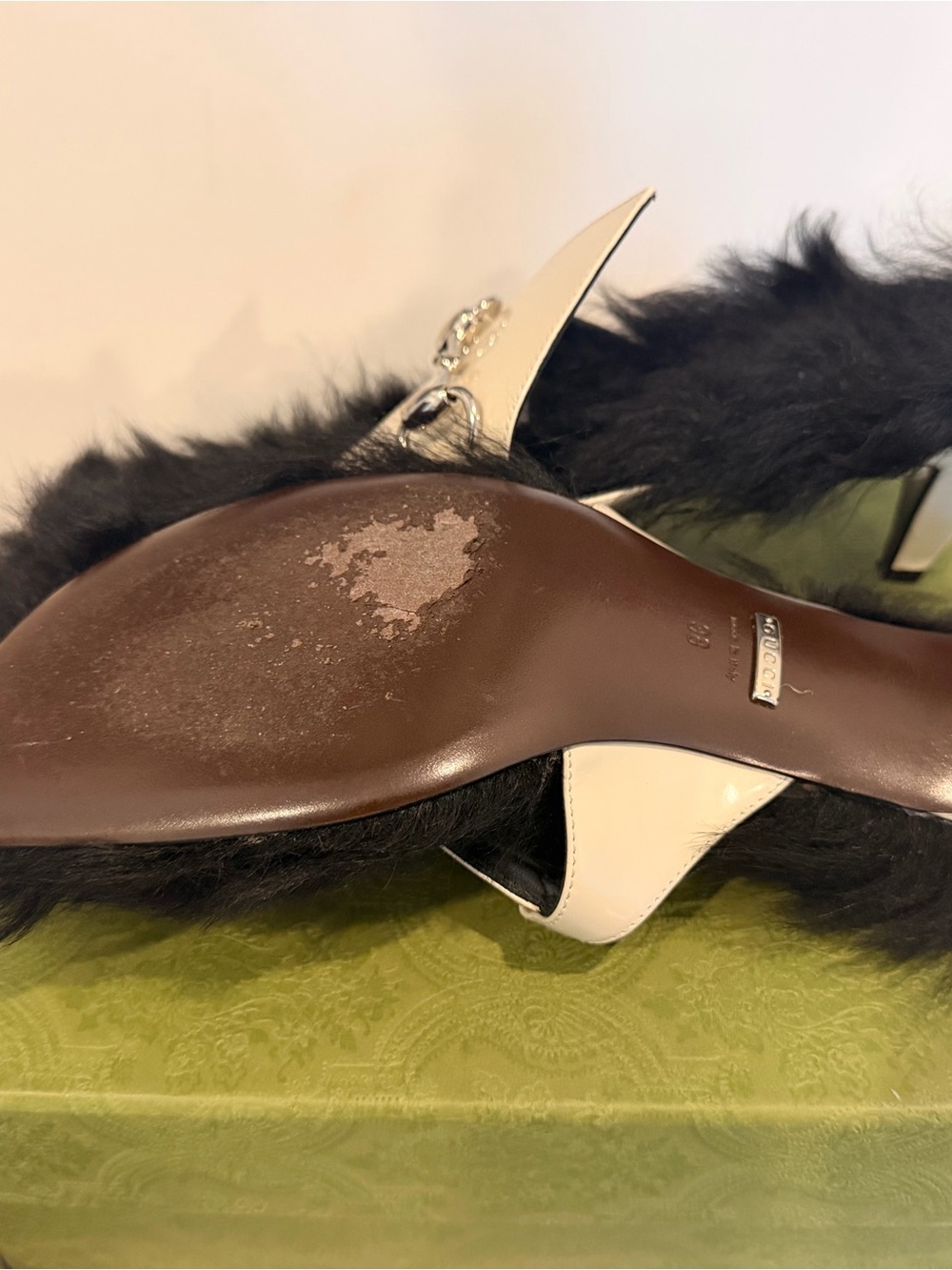 Gucci Cream Leather Fur-Trim Horsebit Mules - Picture 4 of 5